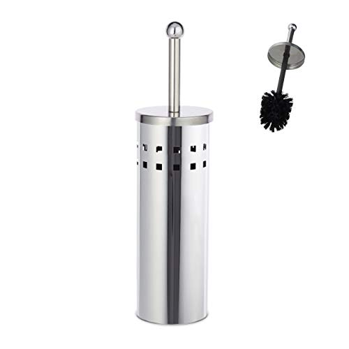 Relaxdays WC Accessory Set, Toilet Holder, Exchangeable Brush Head, Freestanding, Stainless Steel, Silver/Black, 39 x 10 x 10 cm