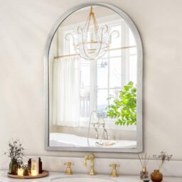 "HLFMVWE Arched Wall Mirror, 26""x18"" Silver Arch Mirror, Metal Frame Bathroom Mirrors, Arched Vanity Mirror for Living Room Bedroom Mantel Entryway"