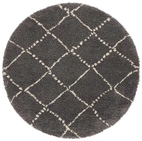 Mint Rugs High Pile Rug Hash Round Soft Fluffy Diamond Pattern Diameter 120 cm 100% Polypropylene Suitable for Underfloor Heating Robust Dark Grey Cream