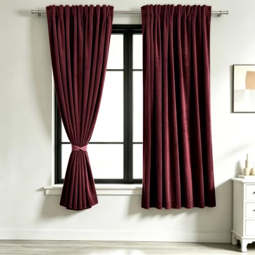 Benedeco Burgundy Velvet Curtains 52x63 Inch Blackout Curtains 2 Panels - Elegant Room Darkening Thermal Insulated Noise Reducing Velvet Drapes with Rod Pocket for Living Room, Bedroom