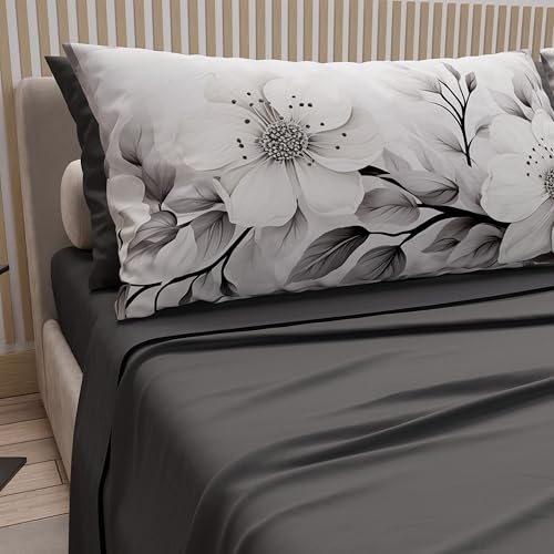 PETTI Artigiani Italiani - Cotton Sheets with Pillowcases in Digital Print, Single Sheet, Floral Pattern 38 Dark Grey, 100% Made in Italy