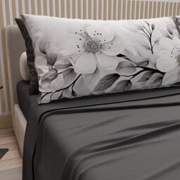 PETTI Artigiani Italiani - Cotton Sheets with Pillowcases in Digital Print, Single Sheet, Floral Pattern 38 Dark Grey, 100% Made in Italy