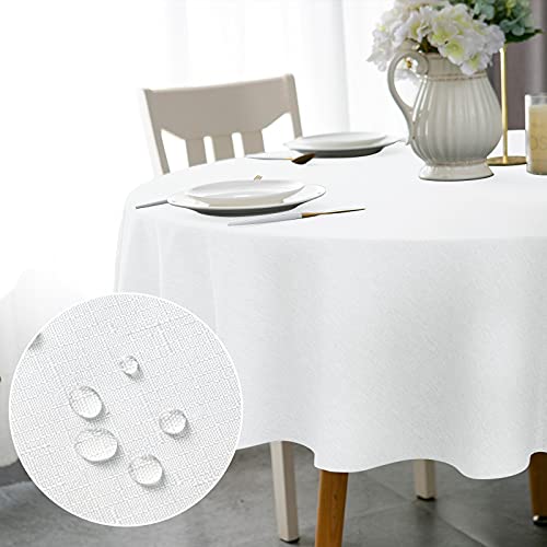 Qidordour Round Tablecloth, 60 inch Diameter, Faux Linen Table Cloth, Water Resistant Spill-Proof Wipeable Polyester Dining Table Cover for Kitchen Cafe Restaurant Buffet Tabletop Decoration, White