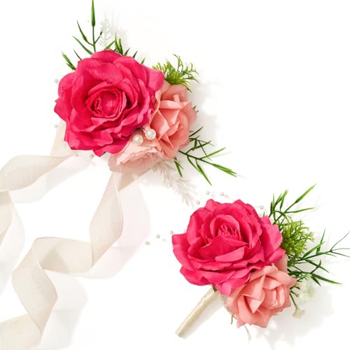 Alecono Hot Pink Corsage and Boutonniere Set, Corsages for Bride Bridesmaid Groom Bridegroom, Artificial Flowers for Prom Graduation Ceremony Anniversary
