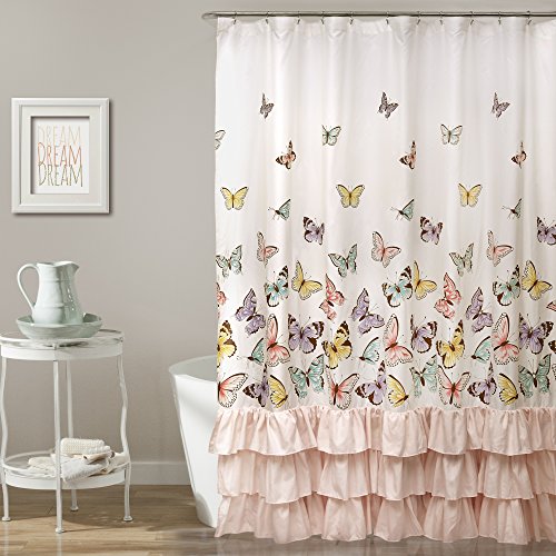 Lush Decor Flutter Butterfly Shower Curtain - Textured Ruffle Print Fabric Bathroom Decor, x 72”, Pink, Polyester, 72x72