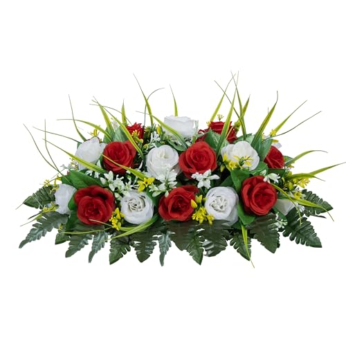 MOOMASS Cemetery Headstone Flower Saddle - Artificial Cemetery Flowers Rose, Grave Decoration???Non-Bleed Colors, and Easy Fit (Red+White, Saddle)