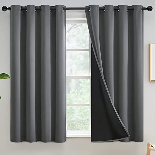 Yakamok Total Light Blocking Curtains for Bedroom 54 Inch Length,Full Light Blocking Drapes with Black Backing,Soft Thermal Insulated Solid Grommet Panels for Living Room,52Wx54L,Grey,2 Panels