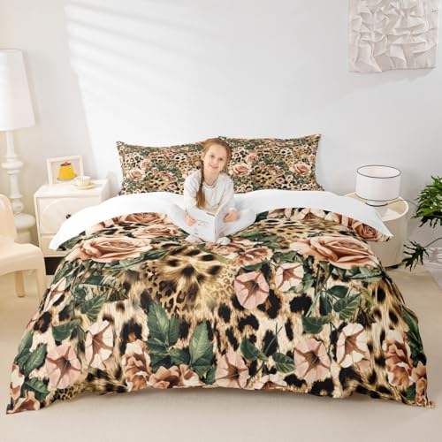 Leopard Print Duvet Cover Set Full,Cheetah Rose Bedding Set 3pcs for Kids Teens Girls Adults Room Decor, Floral Wild Animal Comforter Cover Fashion Brown Quilt Cover with 2 Pillowcases