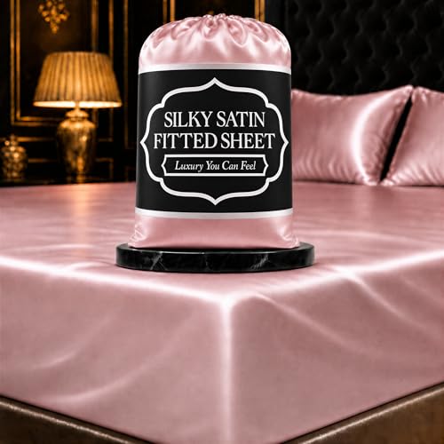 DECOLURE Satin Fitted Sheet Queen Size (1 PC) ??? Luxuriously Smooth & Softer than Silk Bed Sheets w/ 15 Inch Deep Pocket Hypoallergenic Wrinkle Free, Secure Snug Fit, Elastic Corner Straps (Blush Pink)