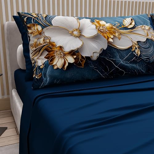 PETTI Artigiani Italiani - Cotton Sheets with Pillowcases in Digital Print, French Quarter, Complete Top and Bottom Sheet with Corners, Floral 06 5 Night Blue, 100% Made in Italy