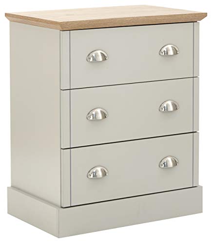 GFW Kendal Chest of Drawers With Steel Cup Drawer Pulls For Bedroom, Modern Wooden Storage Drawers, Modern Bedroom Furniture Clothes Storage With Contrast Beaufort Oak Top, Grey, 58D x 38.5W x 71.5Hcm