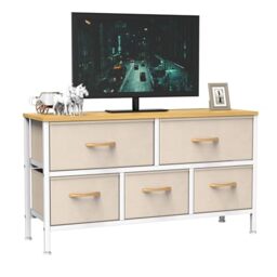 Feonase Bedroom Chest of Drawers, 5 Fabric Drawers Dresser with Metal Frame and MDF Top Board, Modern Storage Unit for Bedroom Living room, Entryway, Closet, Office, Khaki