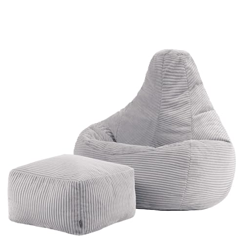 icon Dalton Cord Bean Bag Chair with Footstool, Grey, Large Adult Bean Bag with Filling Included, Comfy Chair, Living Room Furniture, Bedroom Furniture