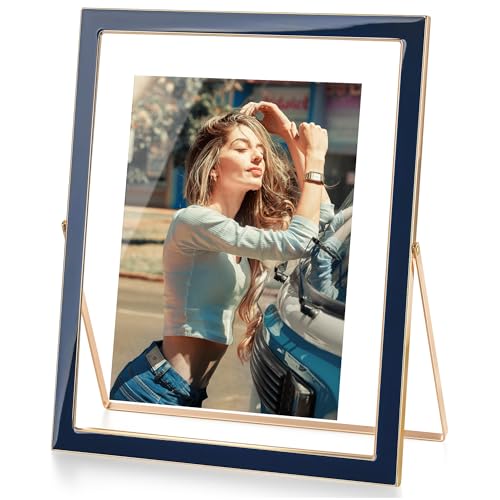 Axeman 8x10 Gold Floating Frame Navy Blue Enamel Picture Frame with Metal Edge for 6x8, 5x7 up to 8x10 Photo Double Glass Floating Picture Frame for Desk Tabletop Shelf Vertical Display