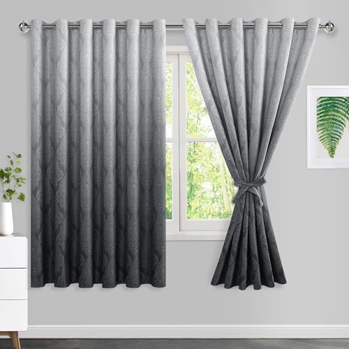 JIUZHEN Ombre Blackout Curtains for Bedroom - Damask Patterned Thermal Insulated Energy Saving Grommet Curtains for Living Room, Gradient Window Curtain Panels, Set of 2, 70 x 63 Inches Long, Black