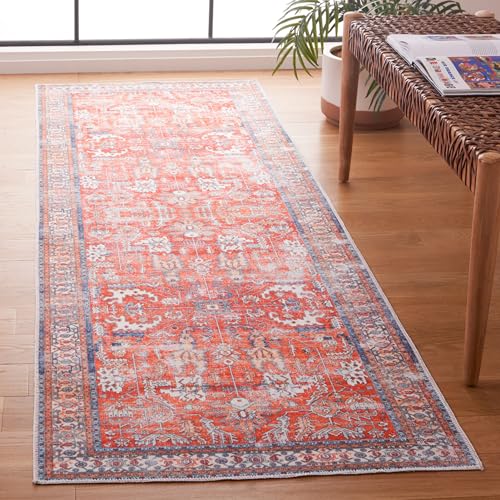 Safavieh Arizona Collection Distressed Floor Mat Machine Washable and Non Slip Ideal for High Passage Areas - Arizona Collection Short Pile Rug, Red and Blue, 62 x 240 cm