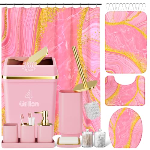 25PCS Bathroom Accessory Set, Pink Bathroom Set with Large-Capacity 4 Gallon Trash Can,Bathroom Rugs Set, Waterproof Shower Curtain, Toilet Brush, Toothbrush Holder & Soap Dispenser