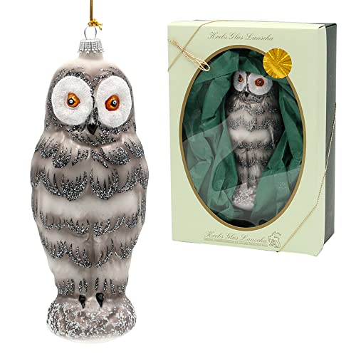 Dekohelden24 Lauschaer Christmas Tree Decoration Limited Edition Free Blown Snow Owl Figurine Hand Decorated 17 cm High