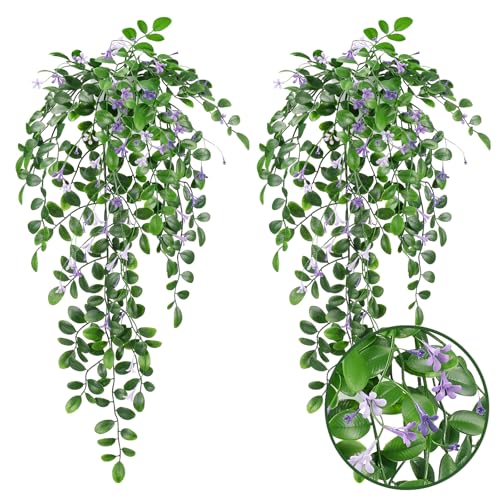 Blafrozzing Artificial Hanging Plants, 2Pcs Fake Ivy Vine Artificial Ivy Leaves with Purple Flowers for Wedding Wall House Room Patio Indoor Outdoor Home Office Decor Purple
