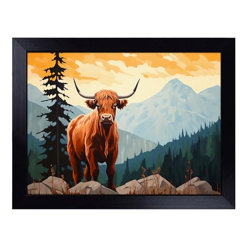 Lap Tray with Bean Bag Cushion, Highland Cow Minimalism - Handmade in the UK, Raised Wooden Edge, Padded Cushion, Heat-Resistant Wipe-Clean Surface, for Meals, Laptops and Crafts
