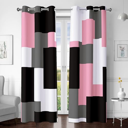 Tyrot Pink 100% Blackout Curtains for Bedroom 84 inch Length 2 Panels Set Black Grey Modern Abstract Geometric Black Out Curtains Insulated Room Darkening Window Drapes for Living Room, 42Wx84L