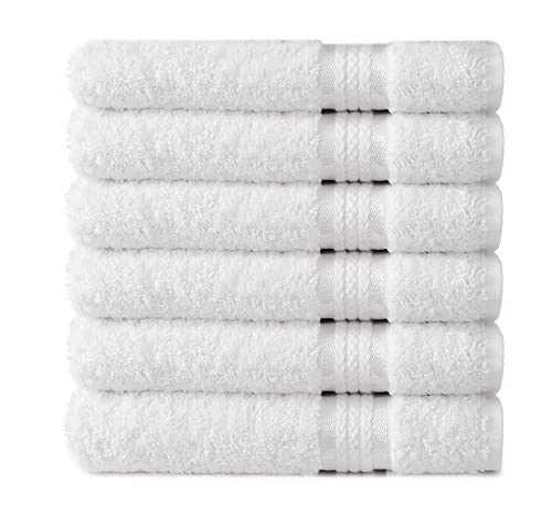 COTTON CRAFT -Ultra Soft 6 Pack Hand Towels -41x71 -White - 100% Pure Ringspun Cotton - Luxurious Rayon trim - Ideal for everyday use - Easy care machine wash