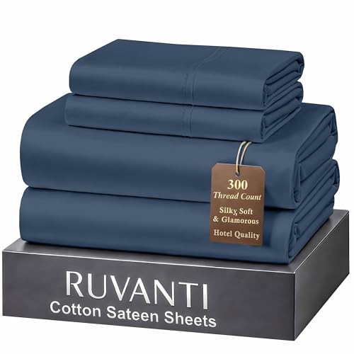 "Ruvanti 100% Cotton Sheets Full Size Bed Set - 300 Thread Count Silky Soft Sateen Weave, Cooling, Lightweight & Breathable, 16"" Deep Pocket, Durable & Luxury Satin-Like, 4 Piece, Dark Blue"