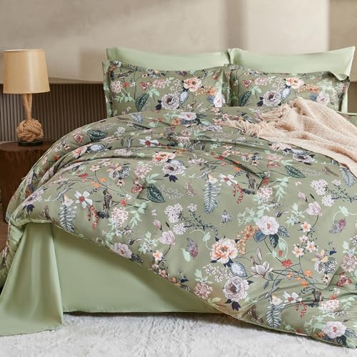 7 Piece King Comforter Set, Sage Green Butterfly Floral Comforter Set with Flowers Leaves Pattern, Soft Microfiber Complete Bedding Set for All Season(Sage Green, King)