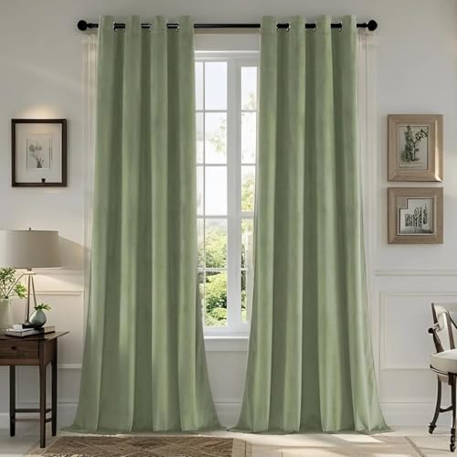 SMILETIME Sage Green 72 in Long Velvet Curtains with Grommet, Super Soft Privacy Noise Reducing Light-Filtering Velvet Drapes for Living Room Bedroom, 2 Panels, 52 x 72 inches