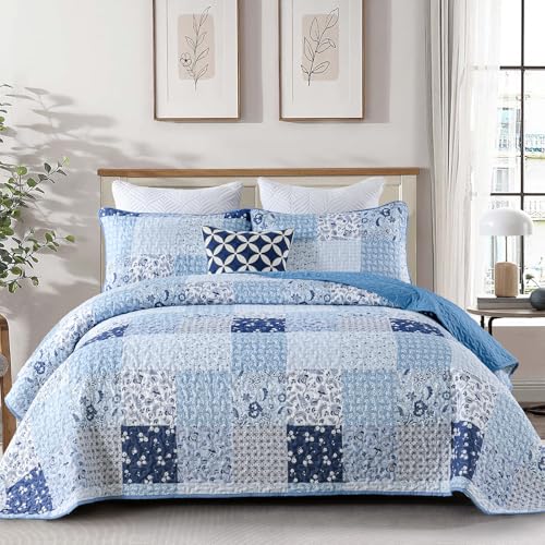 "Menghomeus Blue Quilt Set King Boho Patchwork Bedspread Floral Coverlet Reversible Bed Quilt Set All Season Soft Microfiber Bedding Farmhouse Bed Sets, 104""x90"""