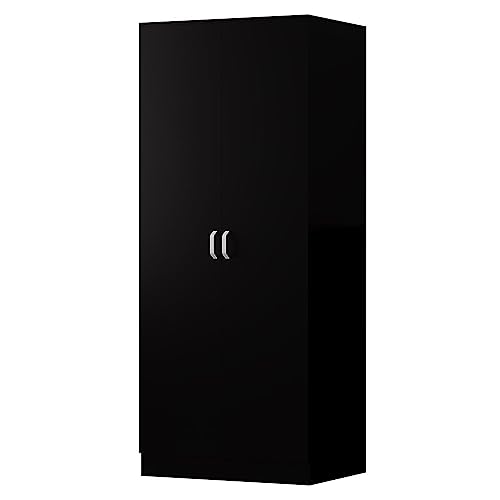 FWStyle Tunis 2 Door Wardrobe Matt Black with Metal Handles and Soft Close Hinges, Modern Bedroom Storage Furniture with Hanging Rail and High Shelf, Scratch Resistant Finish, H180 x W80 x D50cm