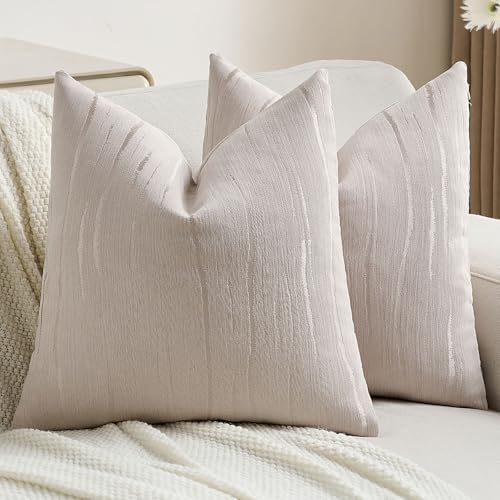 FUTEI Beige Chenille Decorative Throw Pillow Covers 16x16 Inch Set of 2,Soft Cozy Embossed Striped Textured Cushion Case,Modern Home Decor for Couch Bed Living Room
