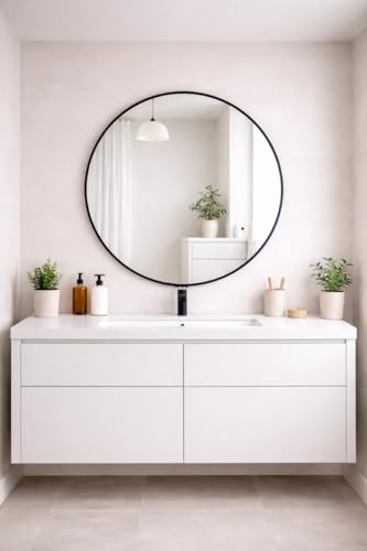 "MirrorOutlet The Fenestra - Black edged Modern Round Circular Wall Mirror 35"" X 35"" (90CM X 90CM) Silver Mirror Glass with Black Metal Frame"
