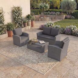 Garden Vida Mylor 4 Seater Rattan Set with Cover - Grey - Outdoor Patio Furniture Conservatory Sofa Set - Weather Resistant, Tempered Glass Table, with Cushions, Chairs and Cover