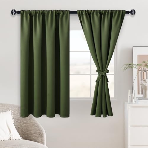 JIUZHEN Blackout Curtains for Bedroom??? Thermal Insulated,Noise Reducing Room Darkening Privacy Rod Pocket Drapes for Living Room, Set of 2 Panels with Tiebacks, 42 x 54 inch Long, Olive Green