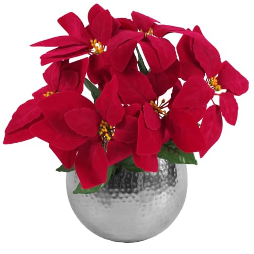 Leaf Artificial Christmas Xmas Red Poinsettia 40cm Houseplant in Pot, Silk, Silver Curved Edge