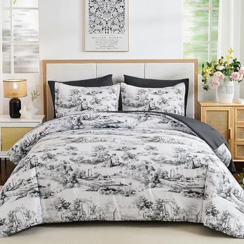 WONGS BEDDING Queen Comforter Set,7 Pieces Bed in a Bag Toile Plants Pattern Comforters with Sheets, Soft Microfiber Farmhouse Complete Bedding Sets for All Season
