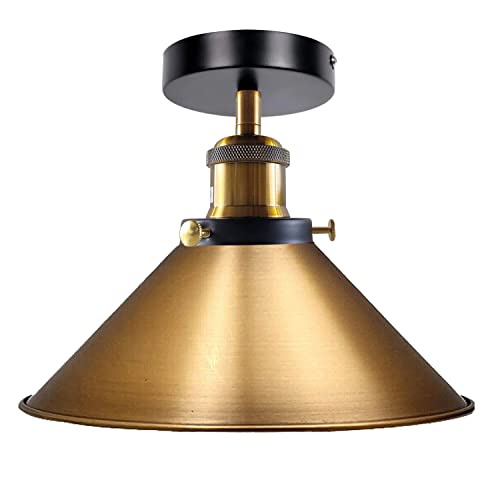 Yellow Brass Semi Flush Ceiling Light 22cm Metal Cone Shade with bulb