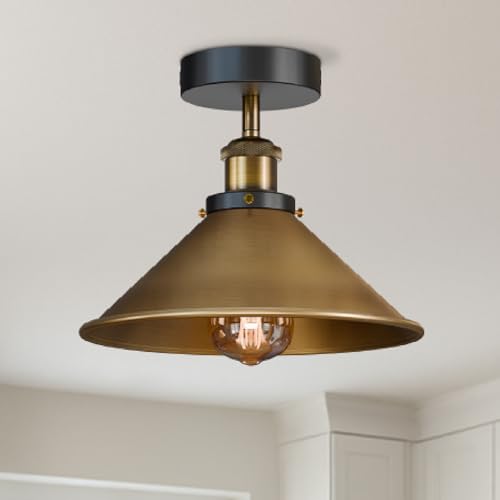 LEDSone Vintage Industrial Ceiling Light Semi Flush Mount E27 Metal 22cm Yellow Brass Cone Shade Ceiling Lamp for Kitchen Dining Room Hallway Living Room with Bulb