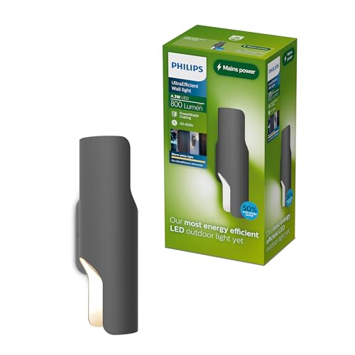 PHILIPS Fira Outdoor Wall Light, 800 lm, 2700 K, PowerShield, IP44 Weather-Resistant, Durable, Aluminum, Modern Design, Built-in LED, Anthracite Gray