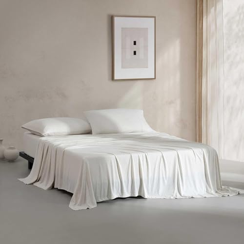 Calvin Klein - King Bed Sheets, Cotton Melange Jersey Bedding Set with Matching Pillowcases, Deep Pockets, Oeko-Tex Certified (Modern Cotton Ivory/Grey)