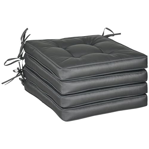 Outsunny Set of 4 Garden Seat Cushion with Ties, 42 x 42cm Replacement Dining Chair Seat Pad, Grey