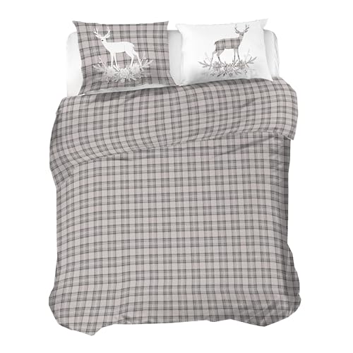PENSIERI DELICATI 100% Cotton Flannel Double Duvet Cover Set, 250 x 200 cm Bag and Pillowcase 52 x 82 cm, Made in Italy, Machine Washable at 40 Degrees, Beige Deer Design