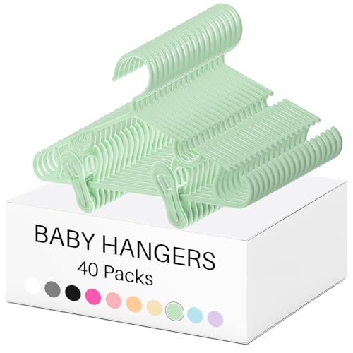 Hsei 5/10/40 Pack Baby Hangers with 10/20/80 Clips Plastic Kids Pants Hanger for Newborn Nursery/Daycare/Preschool Closet/Wardrobe Organizer Baby Shower Party(120 Packs Total,Mint Green,10.6 Inch)