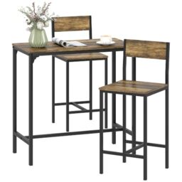 HOMCOM 3-Piece Bar Table and Stools Set Footrest, Backrest, Rustic Brown