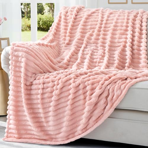 decorUhome Pink Fleece Throw Blanket 50x60 Inches - Soft Couch Cozy Fluffy Plush Flannel Striped Blanket for Sofa Bed, Lightweight Decorative Ribbed Fuzzy Blanket for Woman