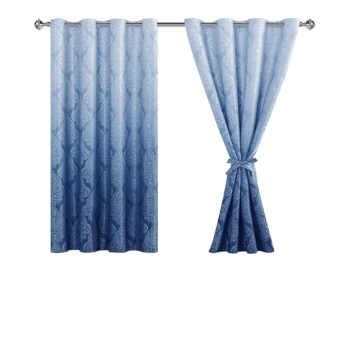 JIUZHEN Ombre Blackout Curtains 63 Inch Long???Damask Patterned Thermal Insulated Noise Reducing Grommet Curtains for Bedroom Living Room, 52 x 63 Inches, Set of 2 Panels with Tiebacks, Navy Blue