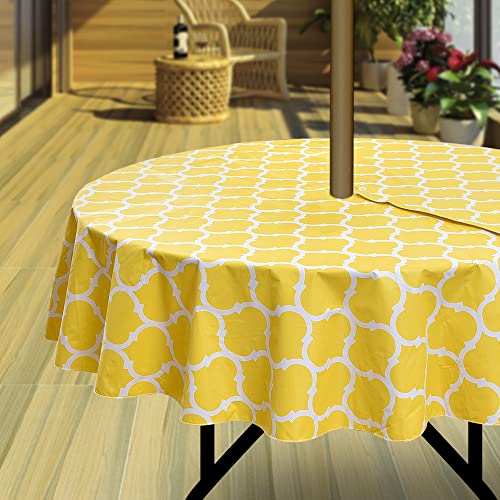 "Hipinger Vinyl Square Tablecloth with Zipper and Umbrella Hole, Outdoor Oil Waterproof PVC Table Cover for Patio 60 Inch Round, Yellow Moroccan, 60"" Round-Zippered"