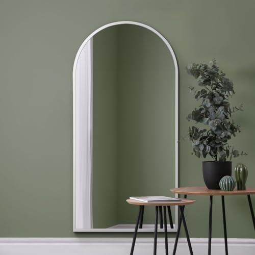 "MirrorOutlet The Arcus - White Framed Modern Full Length Arched Leaner/Wall Mirror 63"" X 31"" (160CM X 80CM) Silver Mirror Glass with Black All weather Backing."