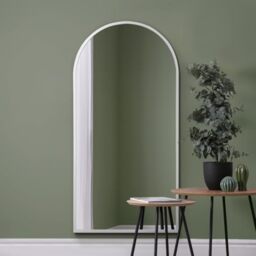 "MirrorOutlet The Arcus - White Framed Modern Full Length Arched Leaner/Wall Mirror 63"" X 31"" (160CM X 80CM) Silver Mirror Glass with Black All weather Backing."